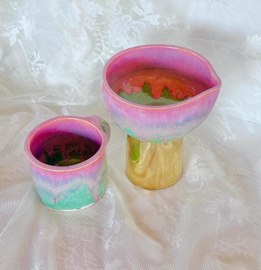 PREORDER: pink drips&lime green glaze handmade matcha set-handmade matcha set-ceramic matcha set-pottery matcha set-colorful matcha set-mug