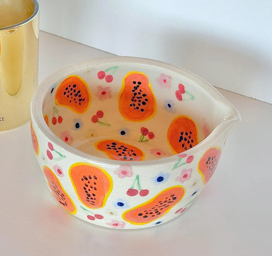 PREORDER: papaya and cherry handmade ceramic matcha bowl-papaya matcha bowl-fruit matcha bowl handmade-cute matcha bowl-handmade matcha bowl